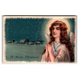 Vintage Christmas Angel Postcard Made in Germany with Snowy Village Scene
